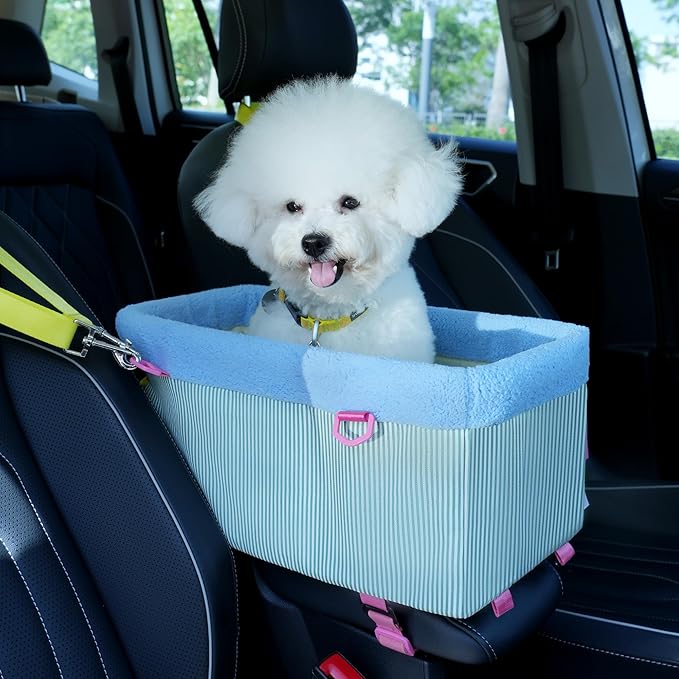 BurgeonNest Center Console Dog Car Seat, Puppy Carseat for Small Dogs, Cat Car Seat with Metal Frame and Double Protection Seat Belts, Pet Booster Seat with Washable Cushion and Clip-on Leash