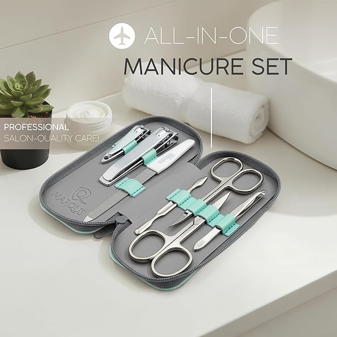 Manicure Set Solingen Made in Germany - 7 Piece Exclusive Finger & Toe Nail Clippers Kit for Women and Men in Real Leather Case, Color Mint