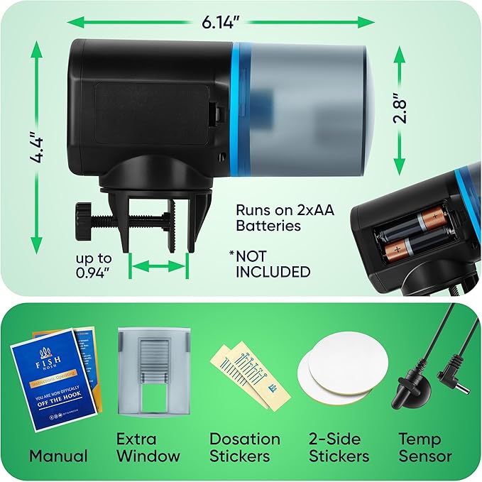 FISHNOSH Automatic Fish Feeder for Aquarium with Digital Thermometer - 2025 Auto Fish Food Dispenser Programmable, Vacation Feeder for Fish, Adjustable Portions, Auto Fish Feeder for Small & Big Tanks