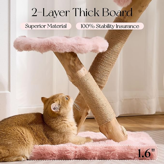 Solid Wood Cat Tree, Modern Cat Tree Tower for Large Indoor Cats, Natural Real Pear Wooden Aesthetic Cat Condo with Scratching Post for Adult Kittens-Pink