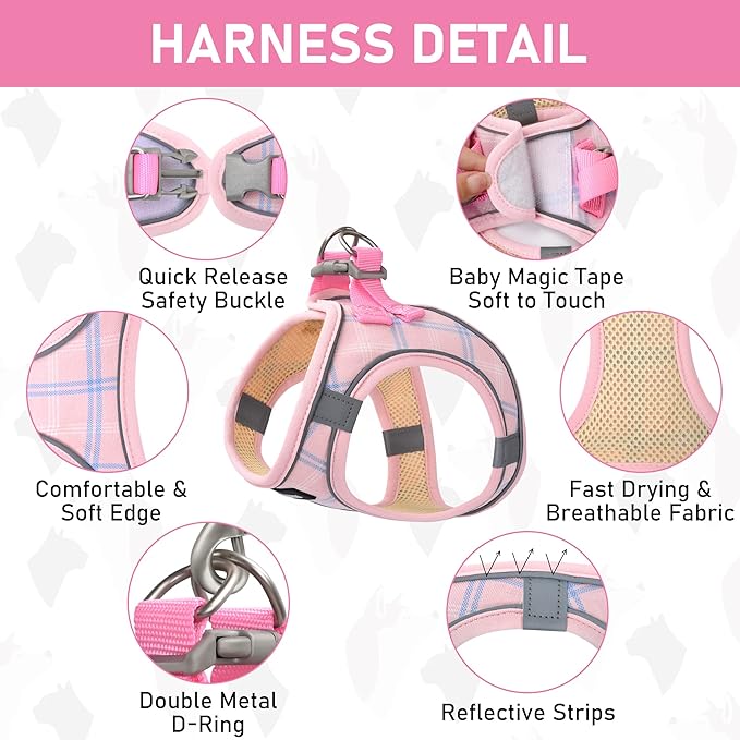 GAMUDA Small Dog Harness Collar and Leash Set, Step in No Chock No Pull Soft Mesh Adjustable Dog Vest Harnesses Plaid Reflective for Dogs Puppy Cats Kitten Rabbit (Pink, M)