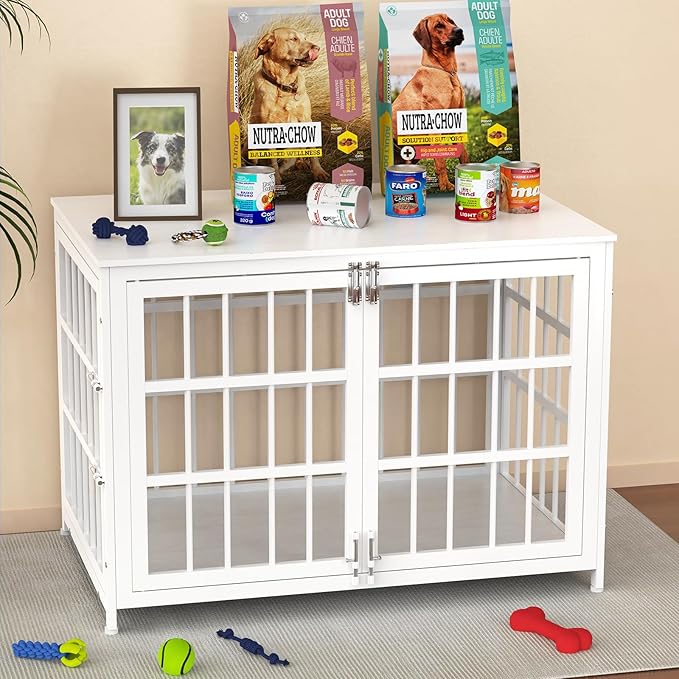 Heave Duty Dog Crate Furniture, Various Sizes & Colors Optional, Indestructible Cage for High Anxiety Dogs with Wooden Table for Indoor Decorative, Escape-Proof Locks & Double Door for Large Dogs