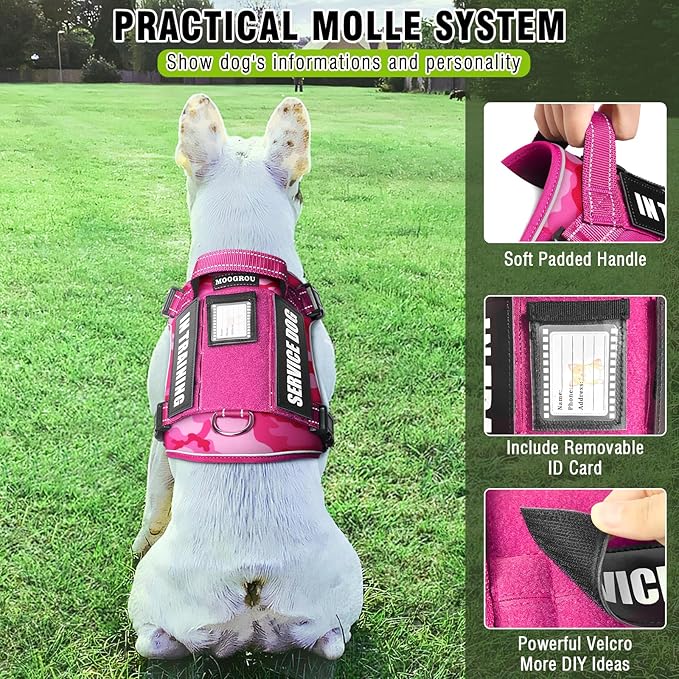 Tactical Dog Harness and Leash Set Small Sized Dog,Heavy Duty No Pull Service Dog Vest and 10 Patches with Dog Seat Belt,Reflective Pet Harness for Training Walking Hiking Camo Pink S