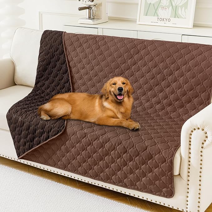 Smiry Waterproof Dog Bed Cover Blanket, Soft Reversible Pet Blanket, Washable Leakproof Cats Dogs Couch Cover for Sofa, Couch, Furniture, Plaid (68x82 Inch, Brown/Chocolate)