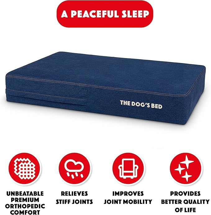 The Dog’s Bed Orthopedic Memory Foam Dog Bed, Large Blue Denim, Pain Relief for Arthritis, Hip & Elbow Dysplasia, Post Surgery, Lameness, Supportive, Waterproof Washable Cover, Veterinary Approved