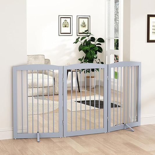 Freestanding Pet Gate for Dogs, Foldable Wooden Dog Gate for House Indoor, Tall Pet Fence for Stair, Doorway,Hall, Support Feet Included, 3 Panels 32",Grey