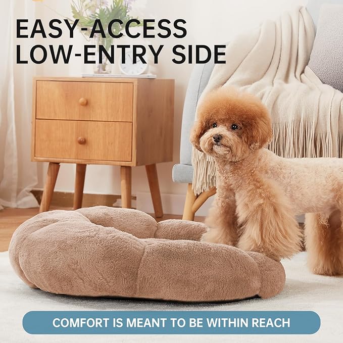 OhGeni 24 inches Calming Donut Dog & Cat Bed for Small Pets, Warming Comfort Fluffy Short Pile Fur, Durable Machine Washable Round Bed, Cute Round Bed for Puppy and Kitten, Camel