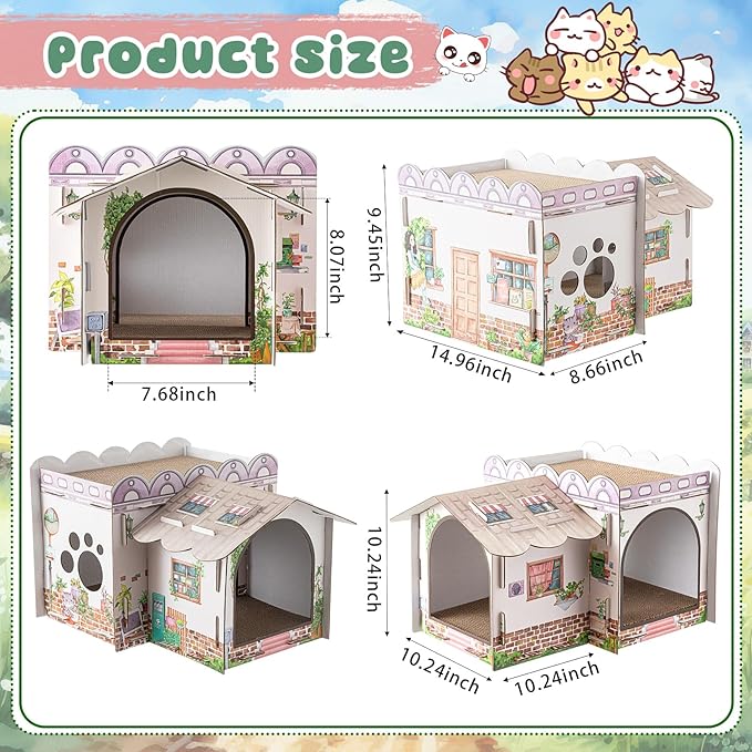 2 Story Cardboard Cat House with Scratcher Pad for Small Kitten,17x12x10 Multi Level Durable Cat Condo & Villa for Bunny Rabbit Small Animals Christmas Birthday Gift(Cottage)