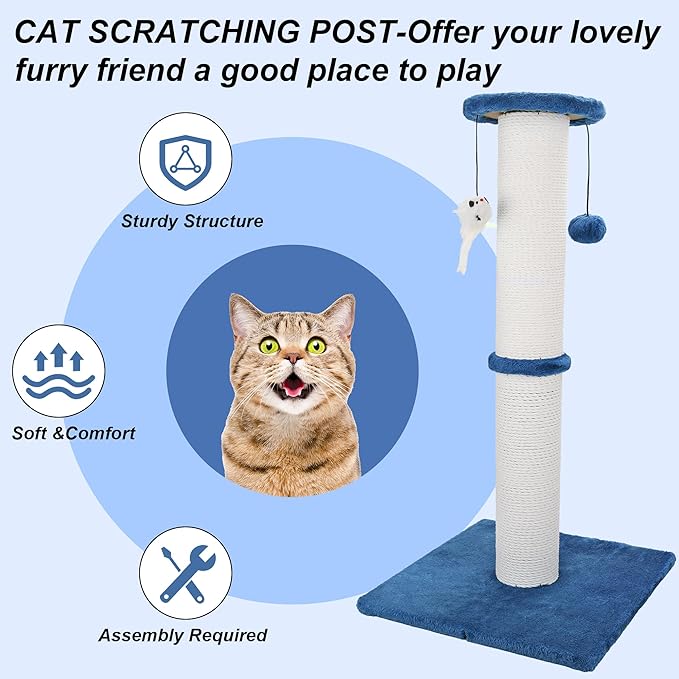 Cat Scratching Post 34 Inches Heavy Duty and Thicker Cat Scratching Post Sisal Rope with Hanging Ball and Mice Scratching Post for Indoor Cats and Adult(Navy Blue)