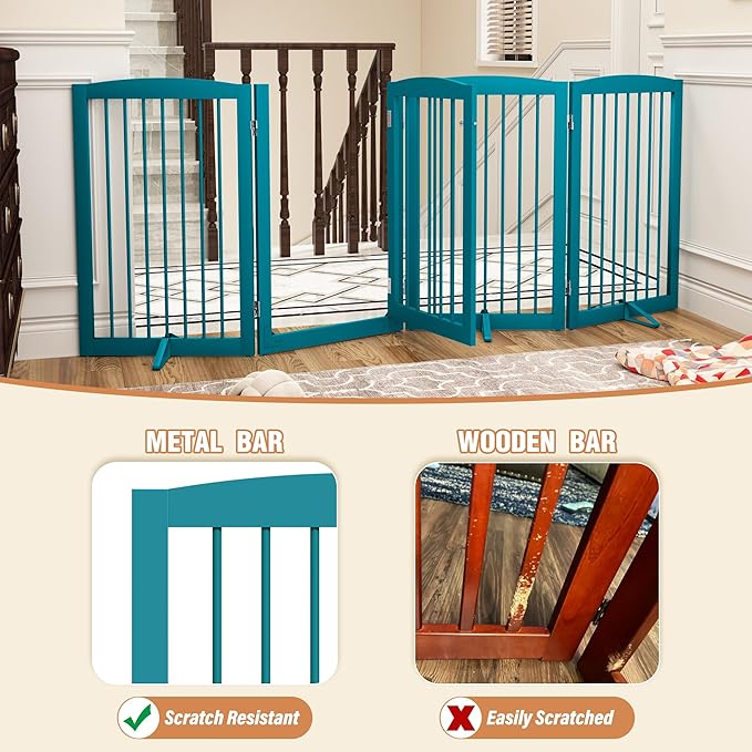 Freestanding Dog Gates with Door Walk Through, Pet Gate for Stairs, 80 inch Wide Gates Indoor, Dog Fences Indoor, Support Feet Included, 4 Panels, 32" Tall, Blue
