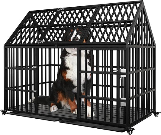 Heavy Duty Dog Crate for Large Dogs, 58 inches Extra Large Dog Kennel Indoor, Indestructible Dog Crate for High Anxiety Dogs, Double Door with Wheels