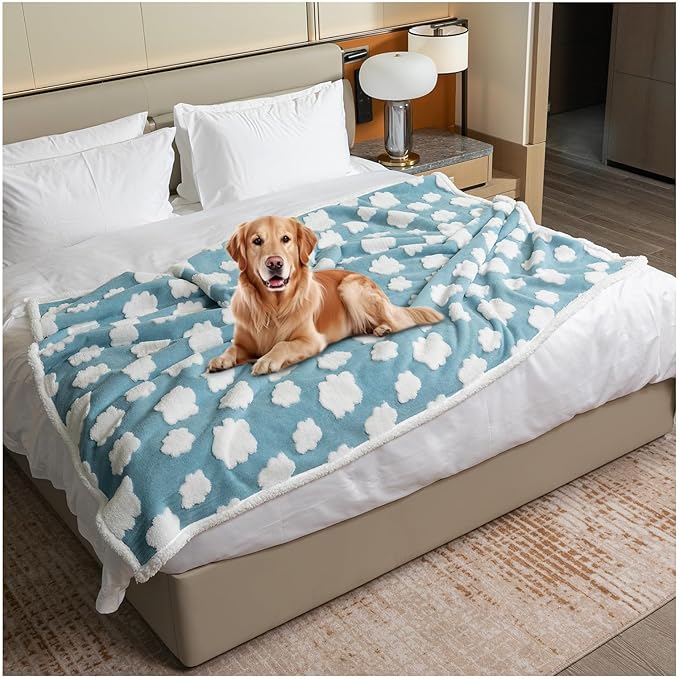 Waterproof Pet Blanket for Dogs,Blue Stylish Jacquard Pets Throw Blankets for Cat Bed Couch Covers Puppy Sharpa Fleece Cats Washable Reversible Furniture Protection (Blue Cloud,XXL)