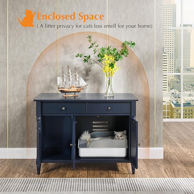 Pet Litter Box Enclosure, Hidden Litter Box Furniture with Storage Shelf, Indoor Cat House with 2 Drawers, Wooden Cat Washroom Modern Console, Pet Storage Cabinet, Fit Most of Litter Box