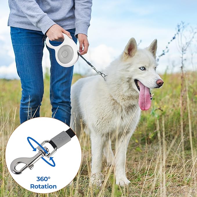 16Ft Retractable Dog Leash, Chew Proof Leash with Wire Pope and Strong Nylon Tape, 360 Tangle-Free Walking Lead for Small to Large Dogs up to 110lbs, One-Hand Brake, White