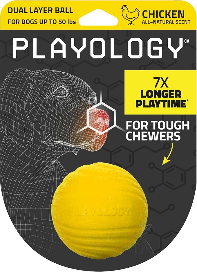 Playology Dog Toys | Dual Layer Ball Durable Chew Toy for Aggressive Chewers | Medium Chicken Scented Toy - Easy to Clean and Made from Non Toxic Materials