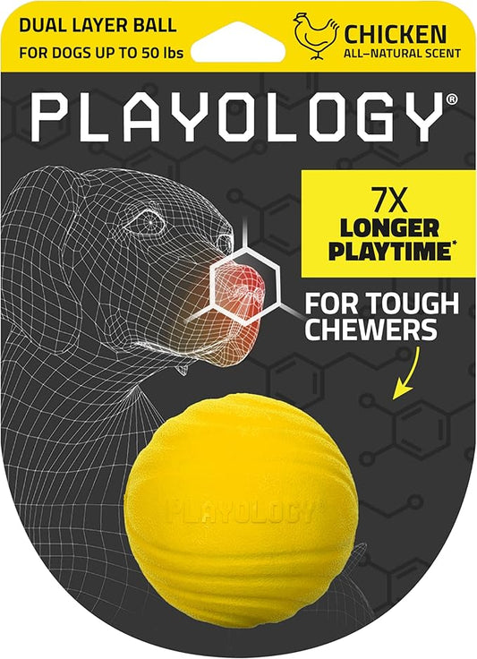 Playology Dog Toys | Dual Layer Ball Durable Chew Toy for Aggressive Chewers | Medium Chicken Scented Toy - Easy to Clean and Made from Non Toxic Materials