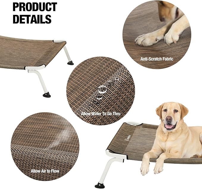 Veehoo Elevated Dog Bed for Outdoor, Cooling Waterproof Raised Dog Cots Beds for Medium Dogs, Curved Off Ground Pet Hammock Cot Lifted for Outside, up to 65lbs, White Legs, Brown 32"