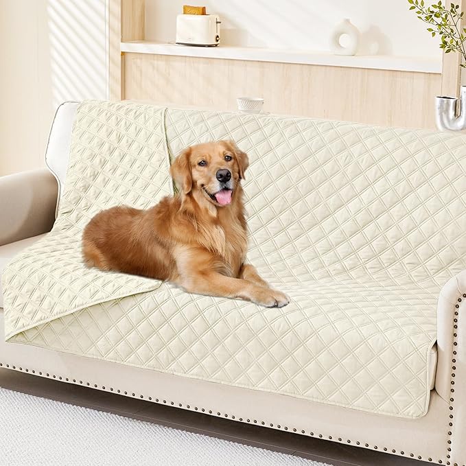 Smiry Waterproof Dog Bed Cover Pet Blanket, Soft Washable Dog Blanket for Furniture Bed Couch Sofa Reversible, Checkered (68"x82", Beige/Beige)