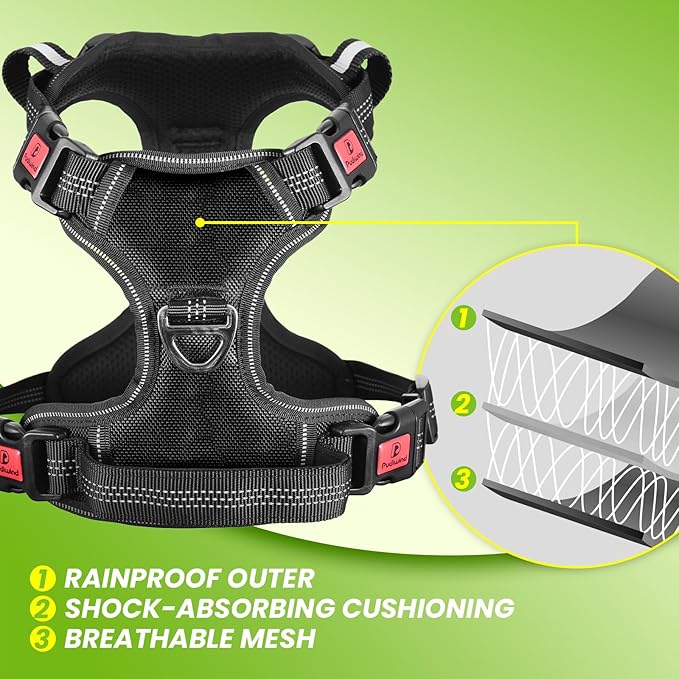 Black No Pull Adjustable Reflective Breathable Heavy Duty Dog Vest Harness for Medium Large Dogs with Quick Release Buckles Soft Padded Handle & Metal Front Back Clip for Walking Training, L