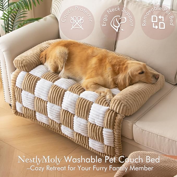 Dog Bed for Couch with Bolster, Comfy Couch Cover for Dogs Washable, Non-Slip Plush Furniture Protector, Calming Fuzzy Lounge Mat, Pet Sofa Accessories (Camel, Medium)