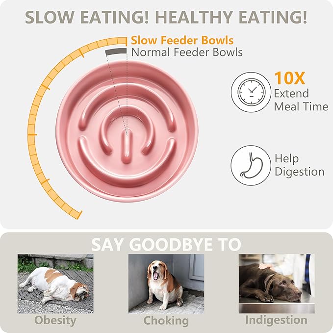 Ceramic Slow Feeder and Water Bowl Set for Medium and Large Dogs, 8.0inch Ceramic Dog Bowls Elevated with Wooden Stand, 2.0 Cups Dog Slow Feeder(30oz) and 70oz Water Bowl Set, Pink