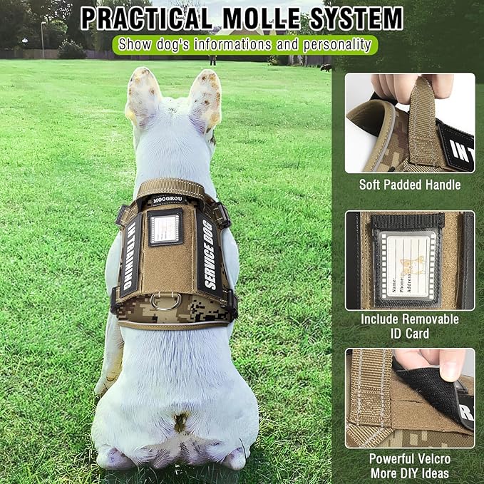 Tactical Dog Harness and Leash Set Medium Sized Dog,Heavy Duty No Pull Service Dog Vest and 10 Patches with Dog Seat Belt,Reflective Adjustable Pet Harness for Training Walking Hiking Camo M