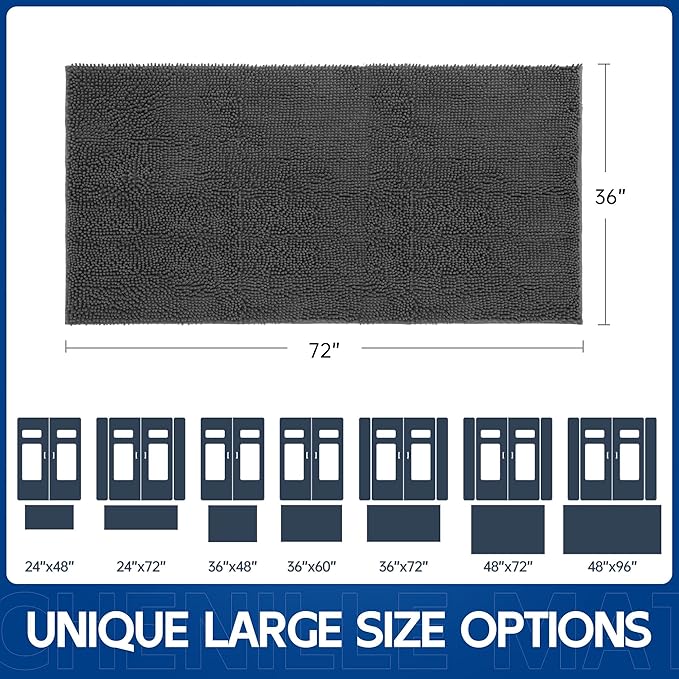 Chenille Absorbent Front Door Mat 72" x 36", Dog Door Mat for Muddy Paws, Trap Dirt Doormat, Mud Mat for Dogs, Washable Non Slip Outdoor Indoor Doormats for Entryway, Grey