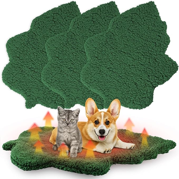 3 Pack Self Warming Cat Dog Bed Leaf Shape Self Heating Pet Mat Non Electric Washable Thermal Sleeping Pad Plush Heated Pet Mat for Crate Floor Indoor Outdoor(Dark Green,Large-19 x29)
