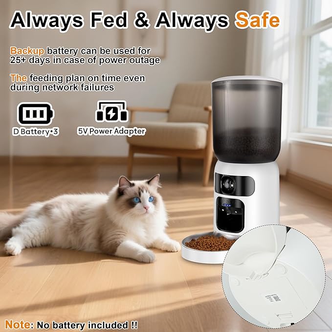 6L AI Automatic Cat Feeder with Dual Camera, 1080P HD Night Vision & Dual Power Supply, Easy Setup Timed Food Dispenser with Desiccant Bag for Cats & Dogs (Black)