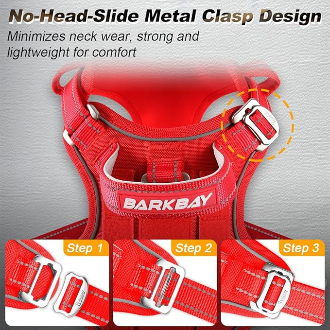 BARKBAY Service Dog Vest Tactical Dog Harness Medium Large Sized Dog Tags Personalized No Pull Adjustable Harness Reflective K9 Working Training Easy Control Military Molle System(Red,XL)