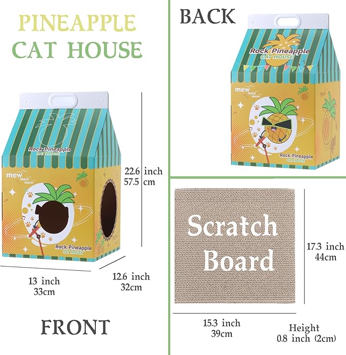 Cardboard Cat House with Scratcher – Yellow Pineapple Milk Carton Design, 22.5''H x 13''L x 13''W, Indoor Cat Playhouse & Hideout for Cats up to 16 lbs, Portable Handle, Corrugated Scratch Pad