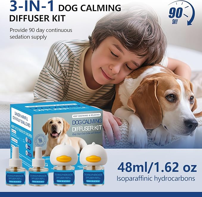 Dog Calming Pheromones Diffuser 6 in 1 Kit Appeasing Pheromone Diffuser to Calm (2 Plug in+4 Pack 48ml Refill) for Anxiety Relief Reduce Aggression Fighting Barking Stress 120 Day Supply