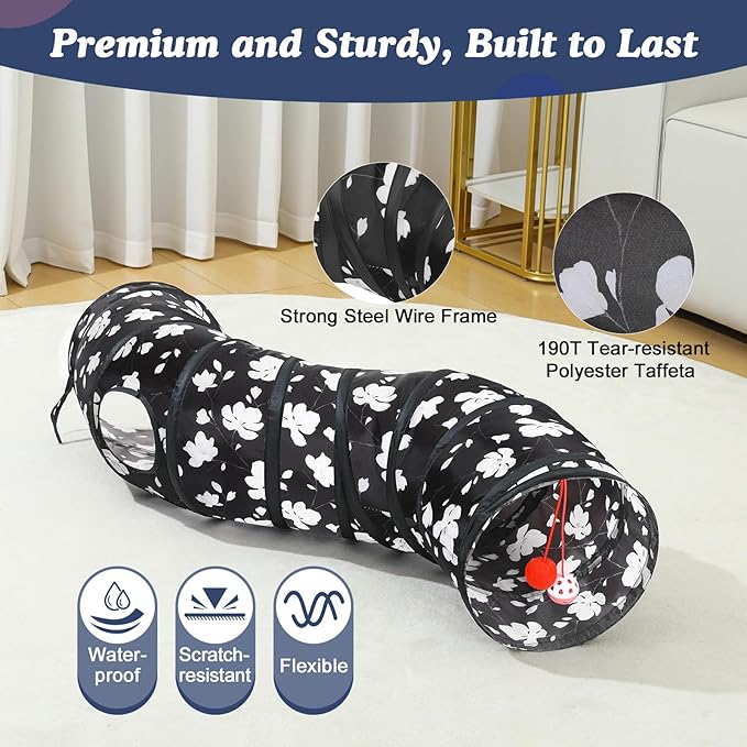 Pawaboo Cat Tunnel, S-Shaped Cat Tube Tunnel 25 * 97cm(9.8''*38.2'') with Balls and Bells, Collapsible Portable Kitten Play Tent Toy Interactive Cats House with Peep Holes for Kitty, Magnolia