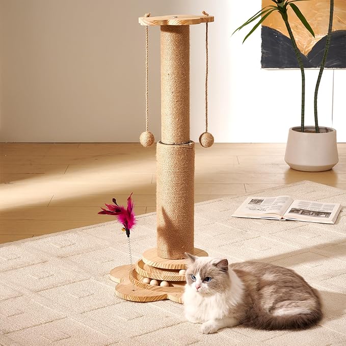 Cat Scratching Post 32" Tall Cat Scratch Post Tree Scratching Posts for Indoor Cats Adults Kitten with Wooden Interactive Ball Toy and Hanging Sisal Ball