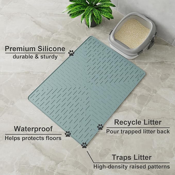 OHMO Cat Litter Mat Trapping Mat Premium Silicone 31.5x23.6 Light Blue,Waterproof and BPA Free Kitty Litter Box Mat, Easy Clean and Keeps The Floor Tidy