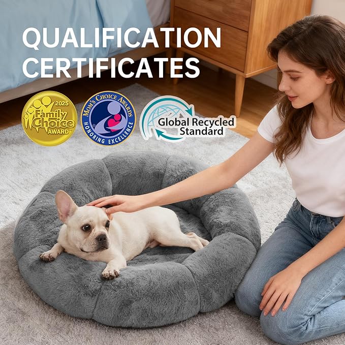 OhGeni 36 inches Calming Donut Orthopedic Dog & Cat Bed for Large Pets, Warming Comfort Fluffy Short Pile Fur, Durable Waterproof Machine Washable Removable Cover, Round Bed for Puppy, Dark Gray