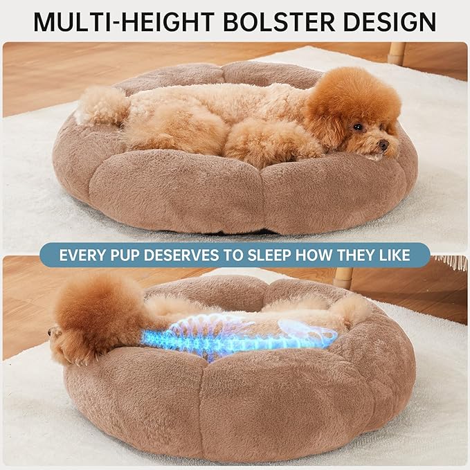 OhGeni 24 inches Calming Donut Dog & Cat Bed for Small Pets, Warming Comfort Fluffy Short Pile Fur, Durable Machine Washable Round Bed, Cute Round Bed for Puppy and Kitten, Camel
