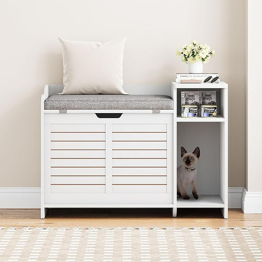 Cat Litter Box Enclosure Furniture with Top Opening and Cushion, Hidden Litter Box Cabinet with Storage, Privacy Cat Box Enclosure, White
