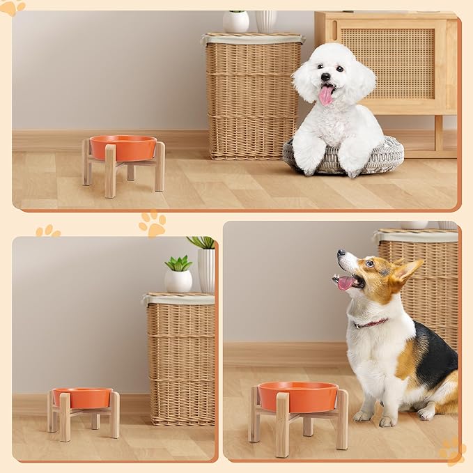 Elevated Slow Feeder Dog Bowl - Ceramic Maze Food Dish with Bamboo Stand - Raised Feeding Bowl for Fast Eaters - Ideal for Small and Medium Dogs - Orange - 6.7 inch