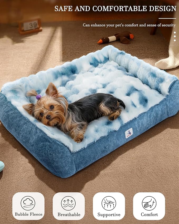 Orthopedic Dogs Bed Medium Size Dog, Comfort Pet Couch with Sides, Non-Slip Bottom, Supportive Foam Medium Dog Beds with Washable Removable Cover, Blue, 35"