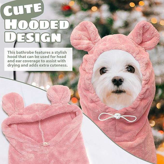 Dog Bathrobe Super Absorbent Towel Robe - Microfiber Bath Towels Fast Drying Coat for Dogs, Cute Dogs Clothes Adjustable Collar & Belly Strap Warm Keeping Hooded Dog Towel (Pink, Small)