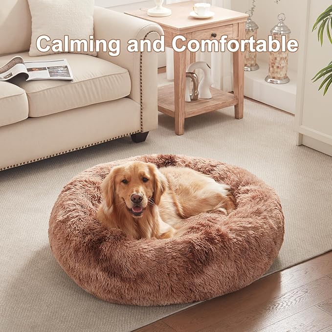 36 inches Donut Dog Bed for Large Dogs - Calming Fluffy Round Pet Bed with Removable & Washable Cover,Fits up to 80 lbs Pets (Tie-dye Brown,Large)
