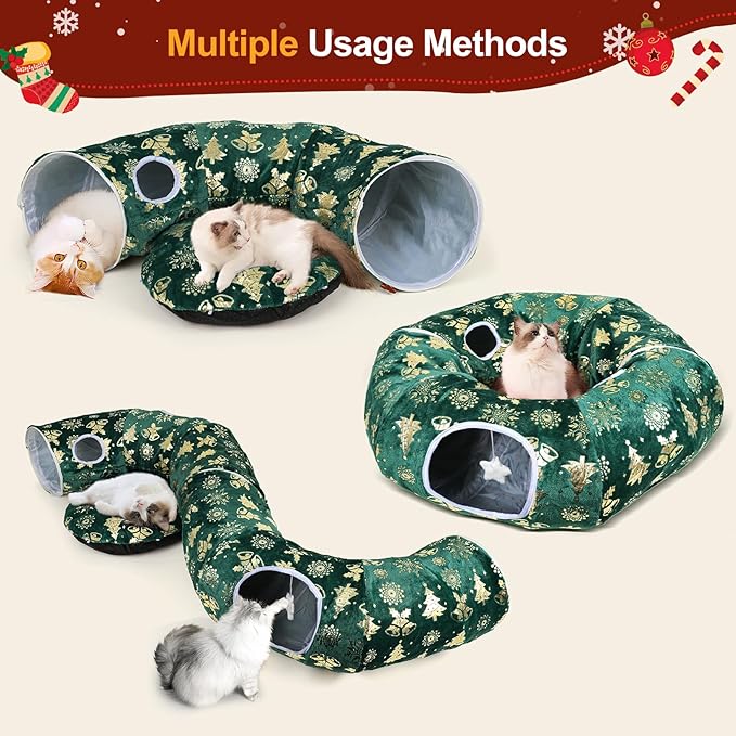 Cat Tunnel Bed for Indoor Cats, L Christmas Tree Skirts Washable Warm Soft Indoor Cat Donut Tunnel, Multifunctional Cat Interactive Playground Toys for Felines Pet Christmas Tree Decoration
