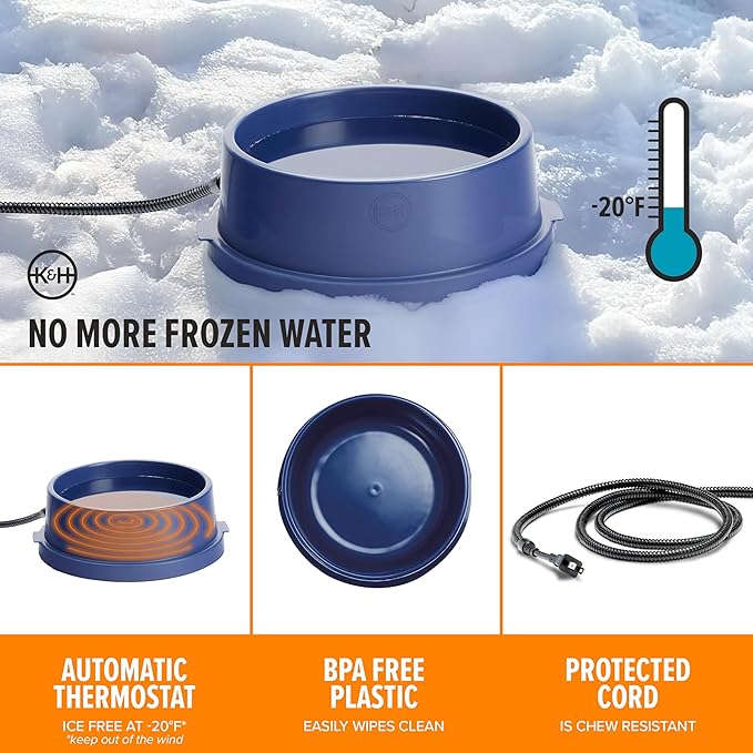 K&H Pet Products Thermal-Bowl Heated Water Bowl for Cats & Dogs Outside, Safety Listed Outdoor Heated Dog Dish for Pets, Automatic No Freeze, Anti Chew Cord - 96 Ounces Blue 25W
