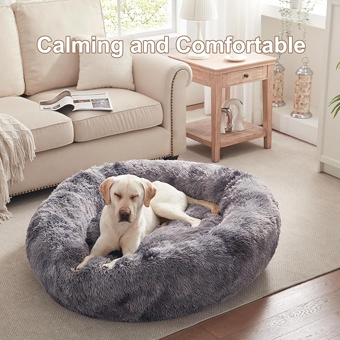 45 inches Donut Dog Bed for Extra Large Dogs,Calming Fluffy Round Jumbo Pet Bed with Removable & Washable Cover, Fits up to 120 lbs Pets (Tie-dye Grey,XL)