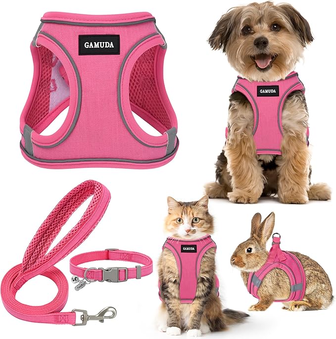 GAMUDA Small Pet Harness Collar and Leash Set, Step in No Chock No Pull Linen Fabric Soft Mesh Dog Vest Harnesses Reflective for Dogs Puppy Cats Kitten Rabbit (Pink, XXS)
