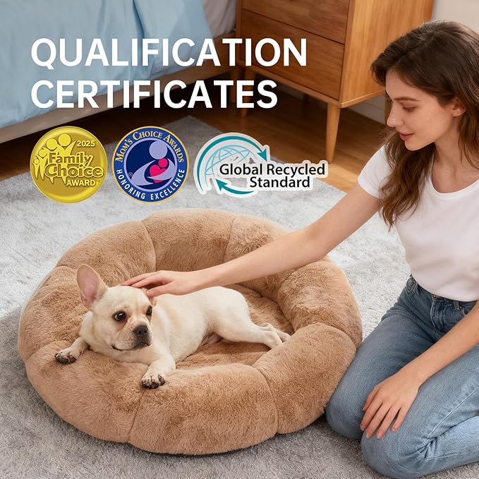 OhGeni 36 inches Calming Donut Orthopedic Dog & Cat Bed for Large Pets, Warming Comfort Fluffy Short Pile Fur, Durable Waterproof Machine Washable Removable Cover, Cute Round Bed for Puppy, Camel