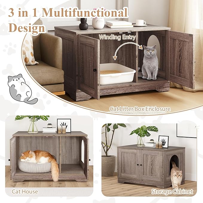 Tangkula Cat Litter Box Enclosure, Wooden Kitty Washroom Cabinet w/Winding Entry & Cat Hole, with Divider, Hidden Double Enclosed Litter Box Furniture for Living Room, Bedroom, Entryway (Grey)