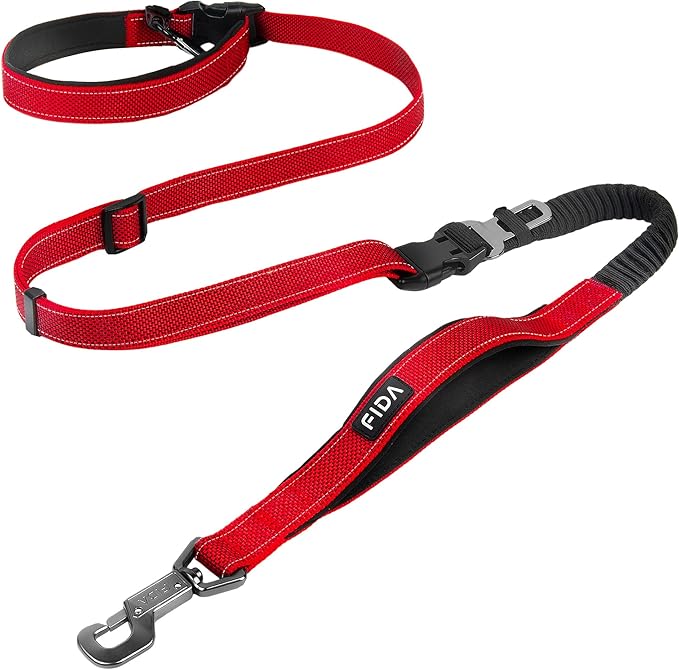 Fida 6-in-1 Hands Free Dog Leash Heavy Duty, Reflective Wasit Corssbody Dog Leash with Car Seat Clip | Adjustable for Running Hiking | Shock Absorbing Bungee, Dual Padded Detachable Handles (Red)