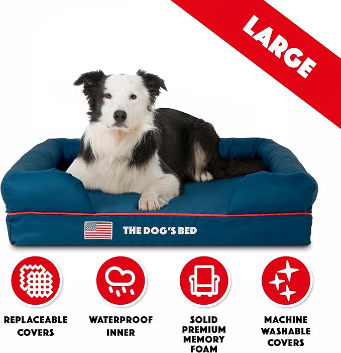 The Dog’s Bed, Large Blue Oxford with Red Trim USA Flag Dog Bed Memory Foam, Pain Relief: Arthritis, Post Surgery, Lameness, Supportive, Calming, Waterproof Washable Cover, Veterinary Approved